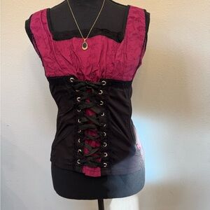 Sleeveless Lace-Up Corset Top in Magenta and Black